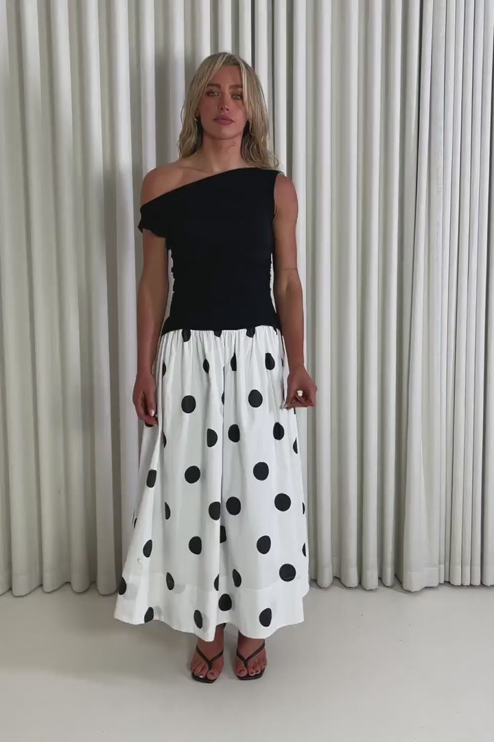 Model showing the black white Polka dot Lawrence midi dress from the front, side and back to demonstrate its fit and movement.