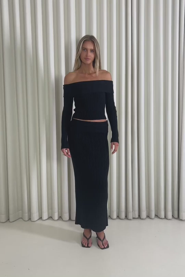 Model showing the Victoria Off Shoulder Top and Midi Skirt from the front, side and back to demonstrate its fit and movement.