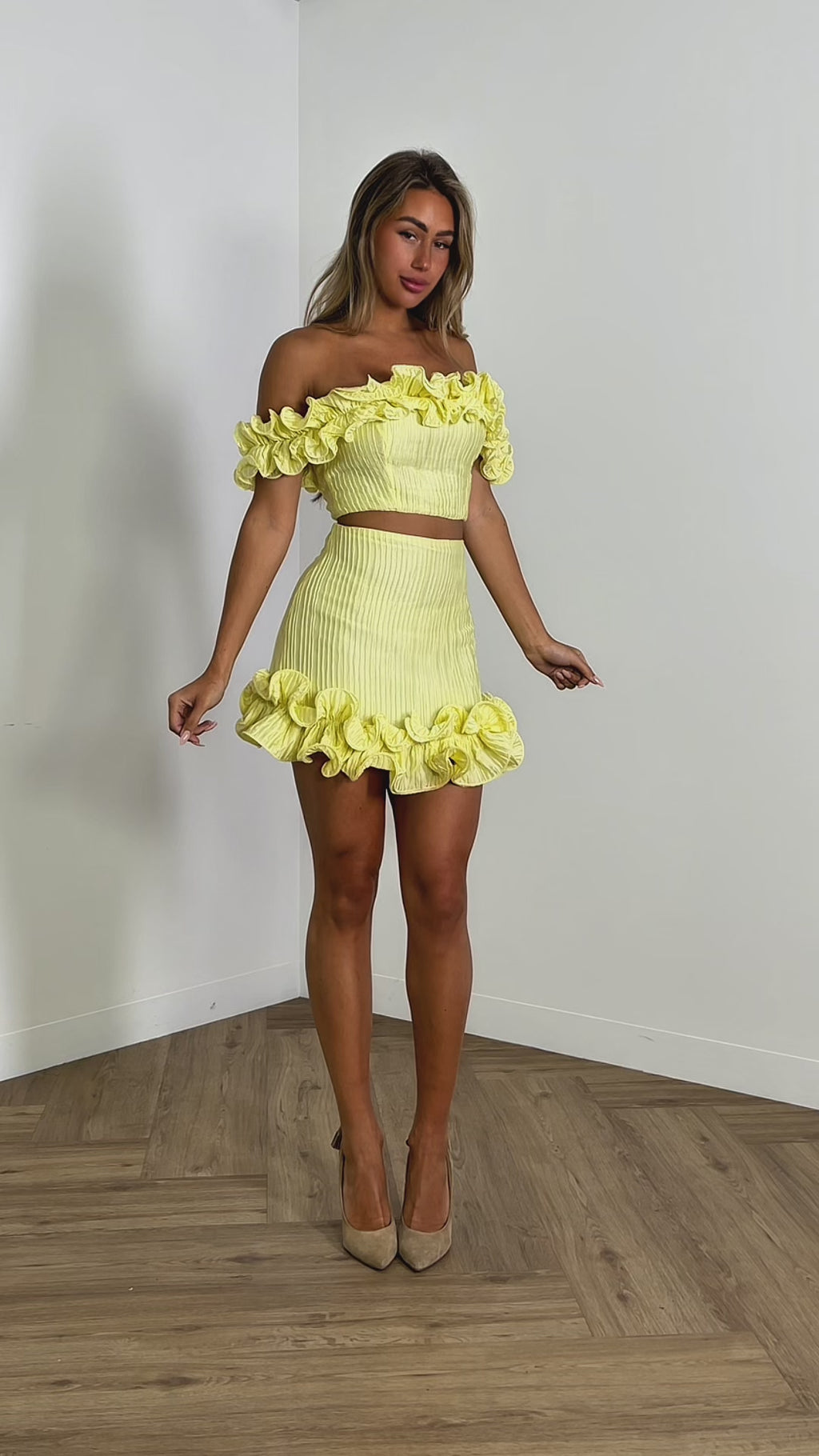 arthur-skirt-high-waist-frill-hem-mini-skirt-yellow & arthur-crop-frill-off-shoulder-crop-yellow