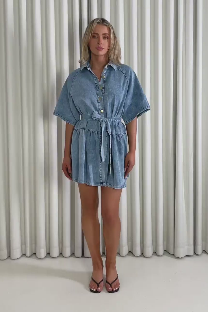 Model showing the denim LOWEN denim dress from the front, side and back to demonstrate its fit and movement.