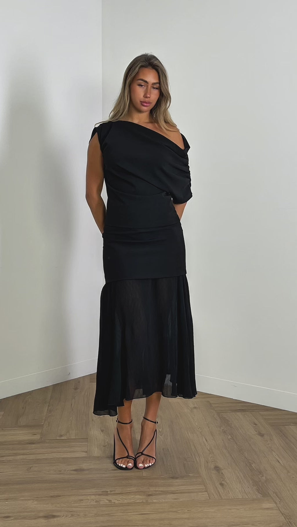 sydney-skirt-high-waist-mesh-midi-skirt-black & david-top-draped-off-shoulder-top-black