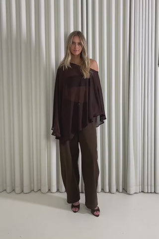 Model showing the Lily Sheer Cape from the front, side and back to demonstrate its fit and movement.