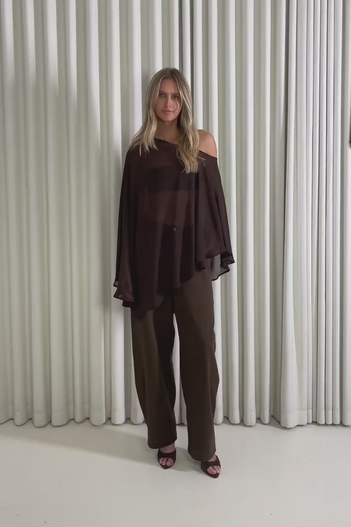 Model showing the Lily Sheer Cape from the front, side and back to demonstrate its fit and movement.