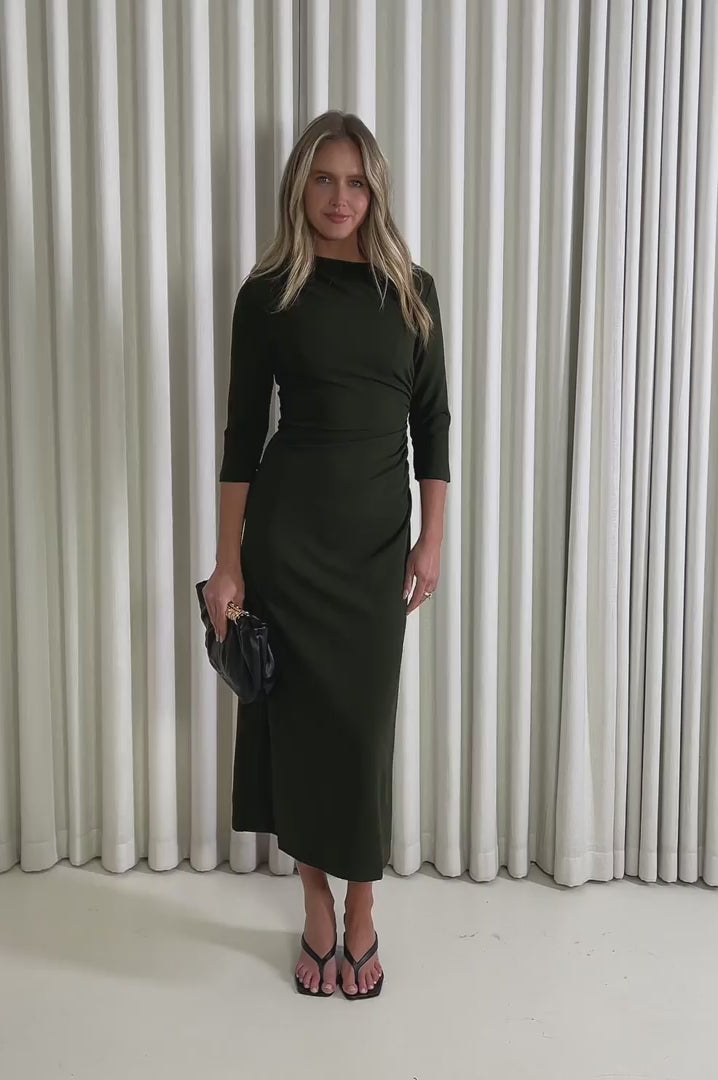 Model showing the Kirby Tight Midi Dress from the front, side and back to demonstrate its fit and movement.