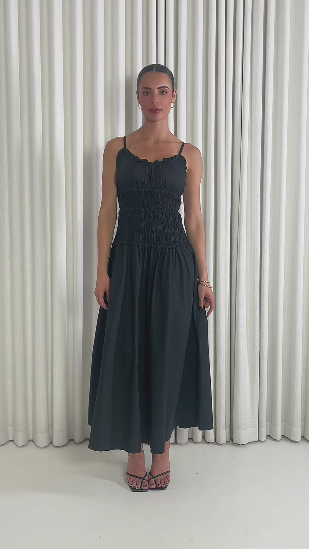 Black 100% cotton midi dress with V ruffle neckline and gathered bust