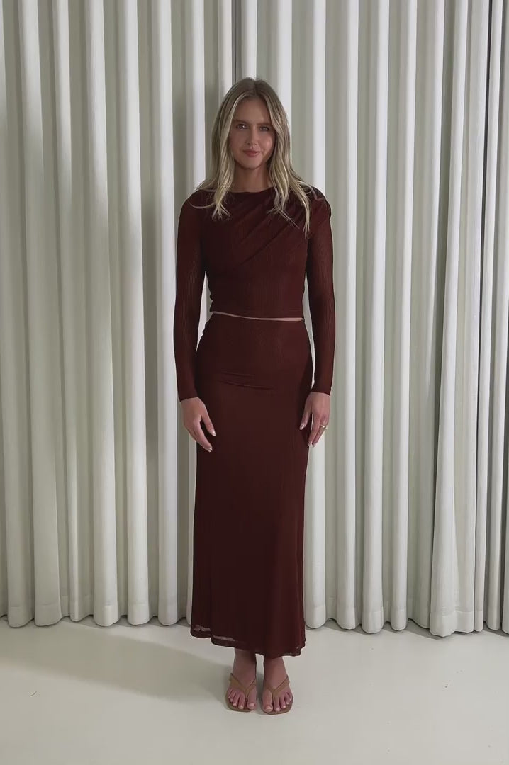Model showing the Lucas Crop Top and Midi Skirt Set from the front, side and back to demonstrate its fit and movement.