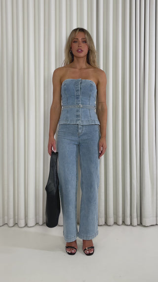 Denim-toned strapless fitted cotton top with removable belt & Denim high-waist straight jeans with removable belt and pockets