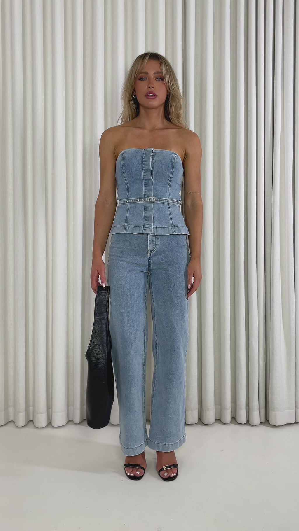 Denim-toned strapless fitted cotton top with removable belt & Denim high-waist straight jeans with removable belt and pockets