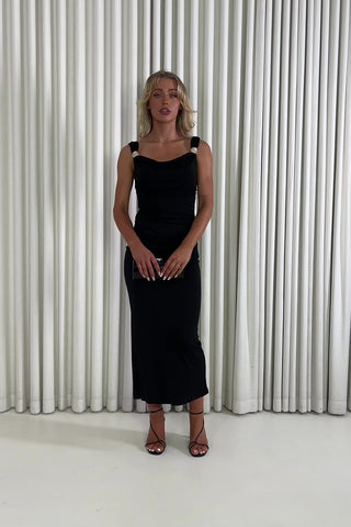 Jason black midi dress with side gathering and gold buckle straps