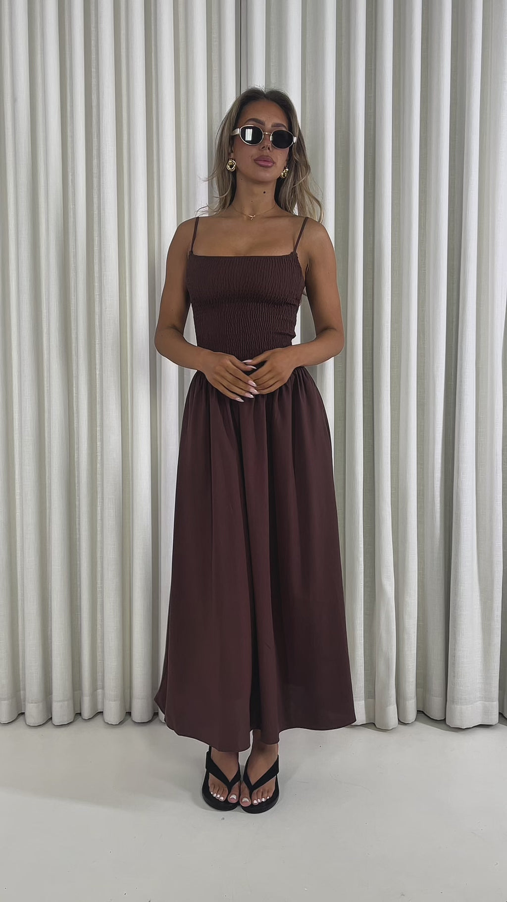 Brown flax cotton midi dress with shirred bust and adjustable straps