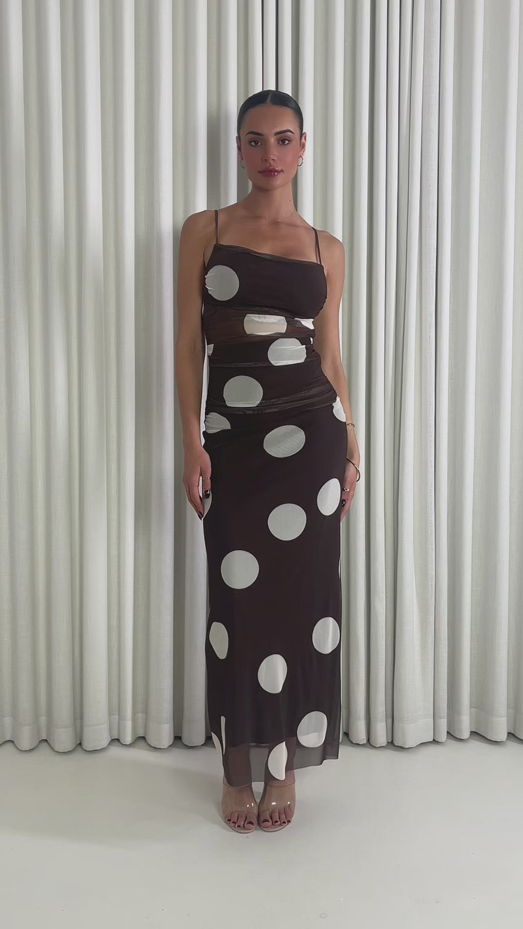 Brown mesh cowl neck maxi dress with adjustable straps and side zip