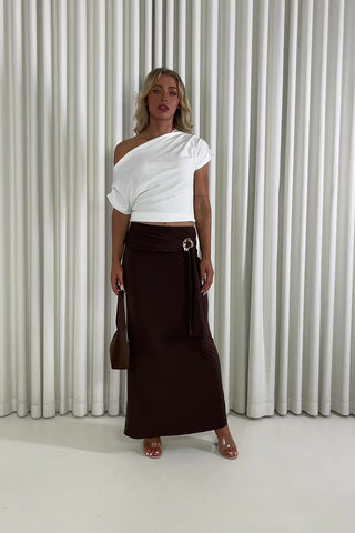 Prue brown maxi skirt with gold buckle and full stretch