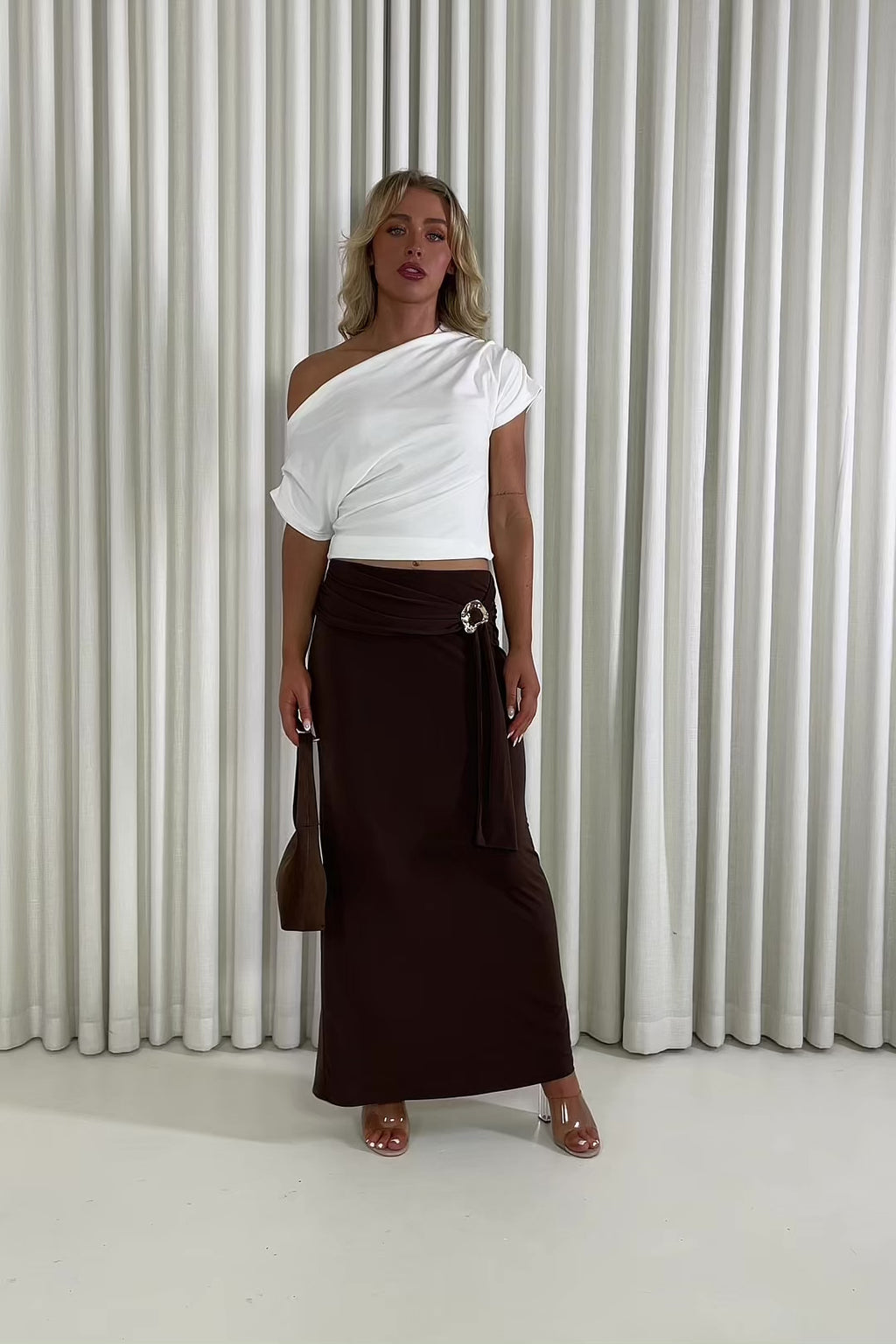 Prue brown maxi skirt with gold buckle and full stretch