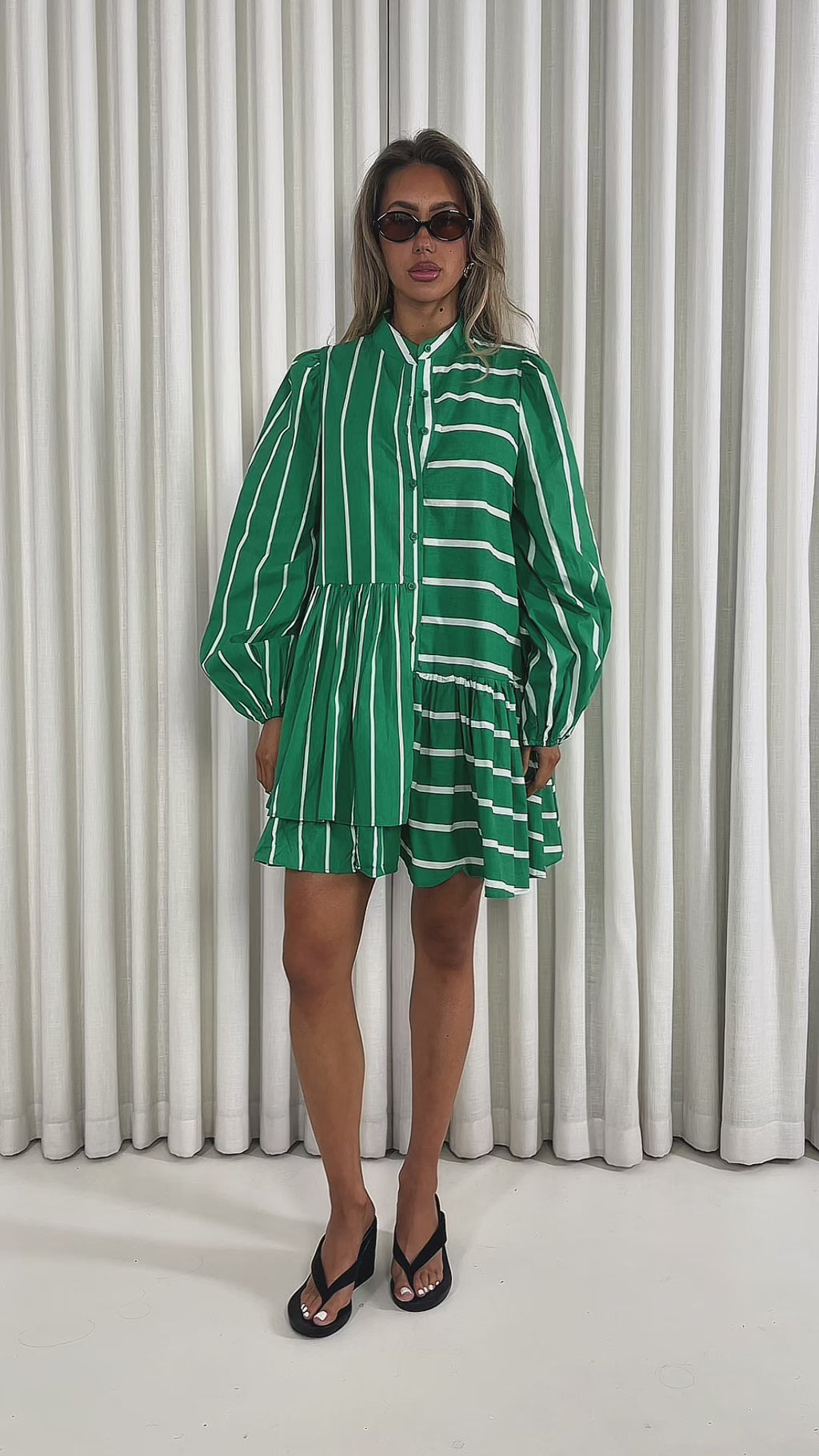 Green and white striped oversized mini dress with mandarin collar