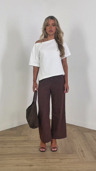 sean-t-shirt-cotton-off-shoulder-t-shirt-white & jeremiah-top-cotton-blend-strapless-pin-stripe-brown