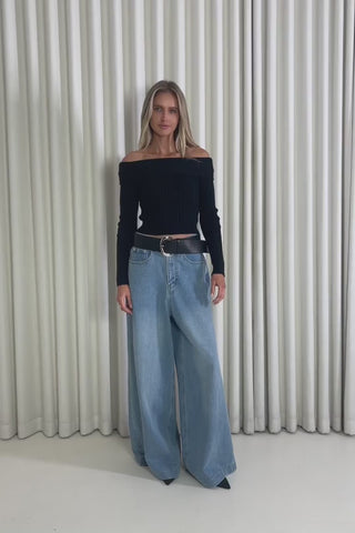 Model showing the Victoria Off Shoulder Top from the front, side and back to demonstrate its fit and movement.