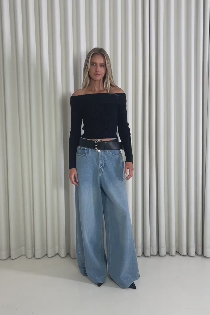 Model showing the Victoria Off Shoulder Top from the front, side and back to demonstrate its fit and movement.