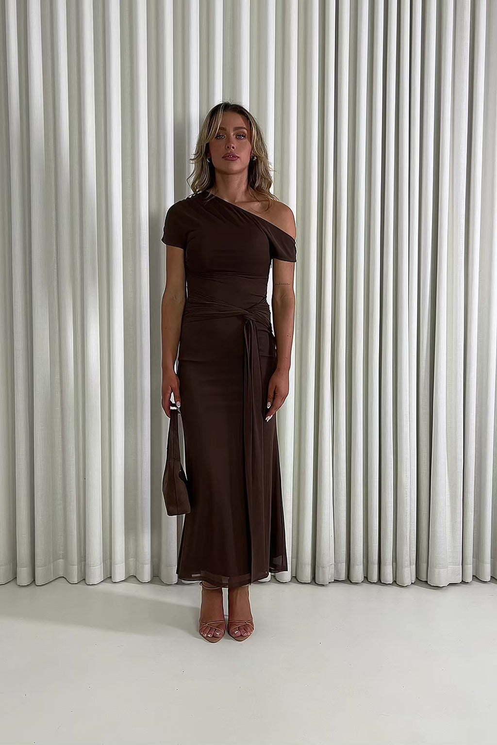 Lila brown off shoulder dress with side mesh loop tie