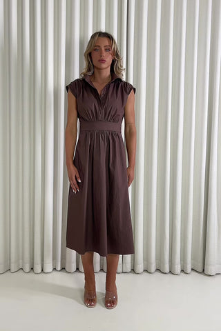 Brown 100% cotton collared midi dress with buttons and pockets
