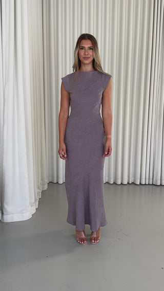 melissa-dress-bias-short-sleeve-low-back-maxi-purplish-grey