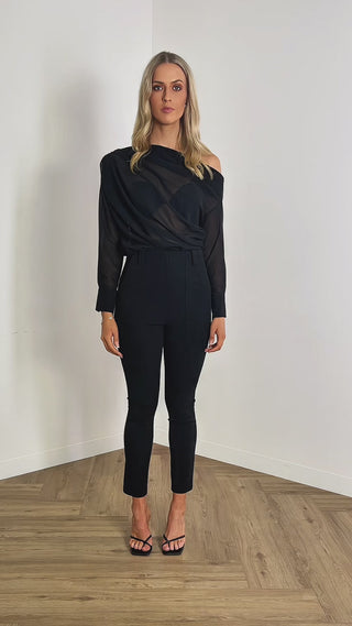 bruce-blouse-off-shoulder-draped-sheer-blouse-black-and-Paul-Pants