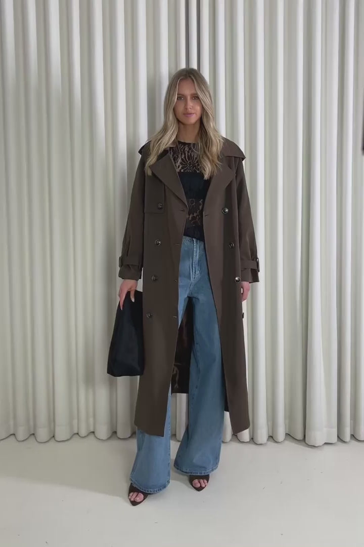 Model showing the Peter Longline Brown Trench from the front, side and back to demonstrate its fit and movement.