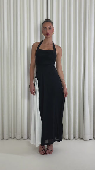 Black and white two tone halter midi dress with back zip