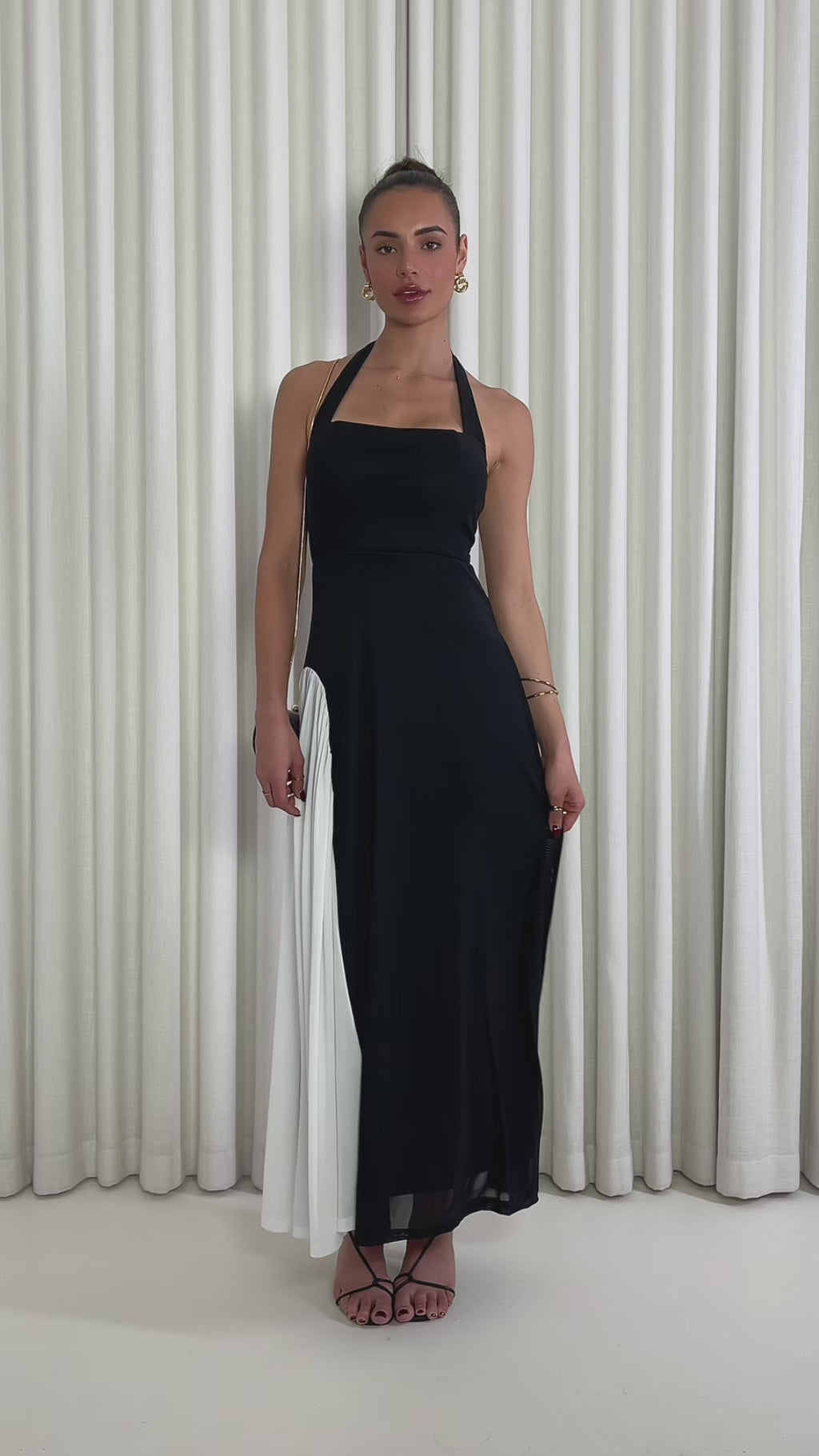 Black and white two tone halter midi dress with back zip