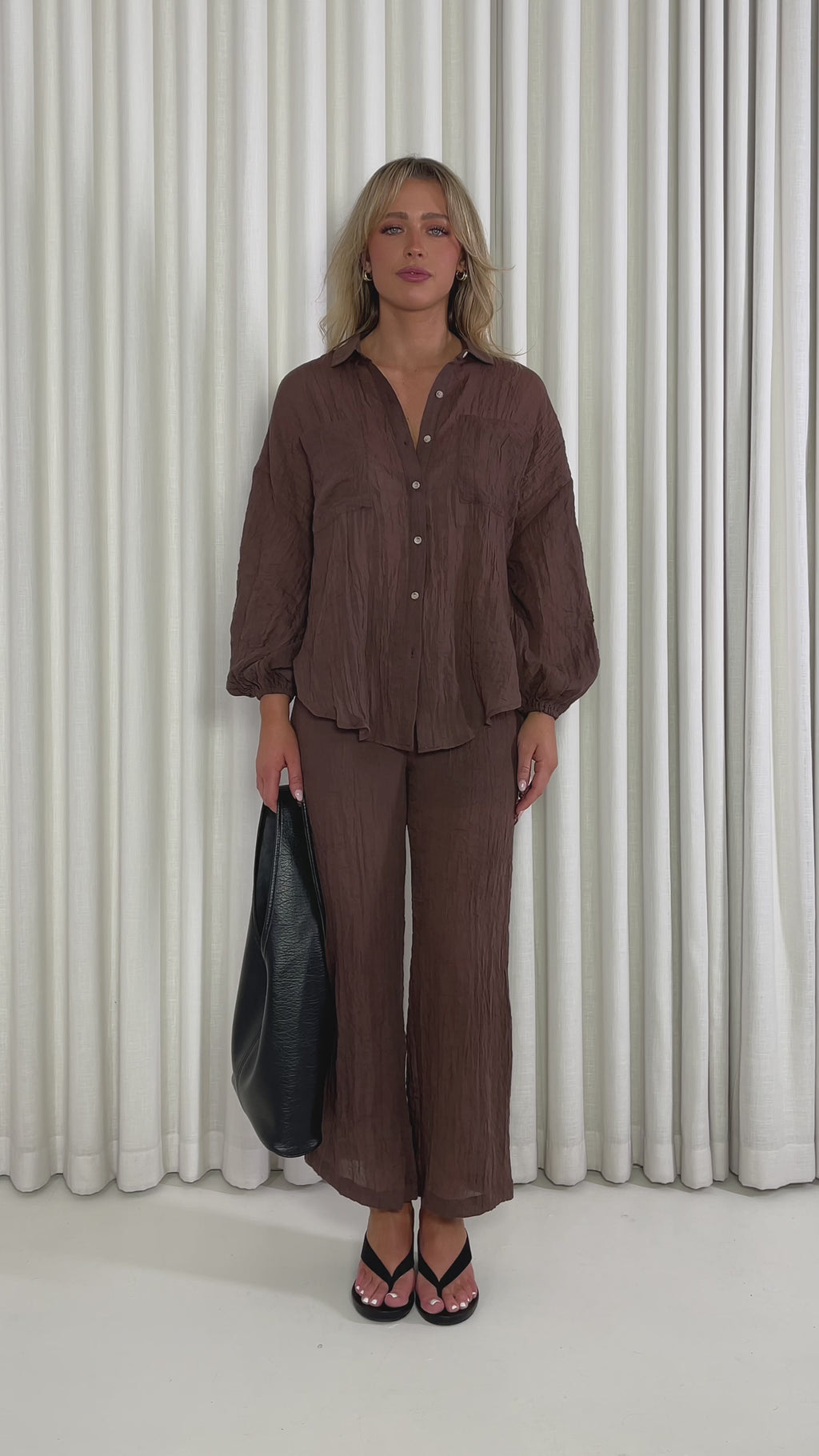 Brown oversized cotton-blend button up shirt with balloon sleeves & Brown relaxed high-waist cotton-blend pants with drawstring and pockets
