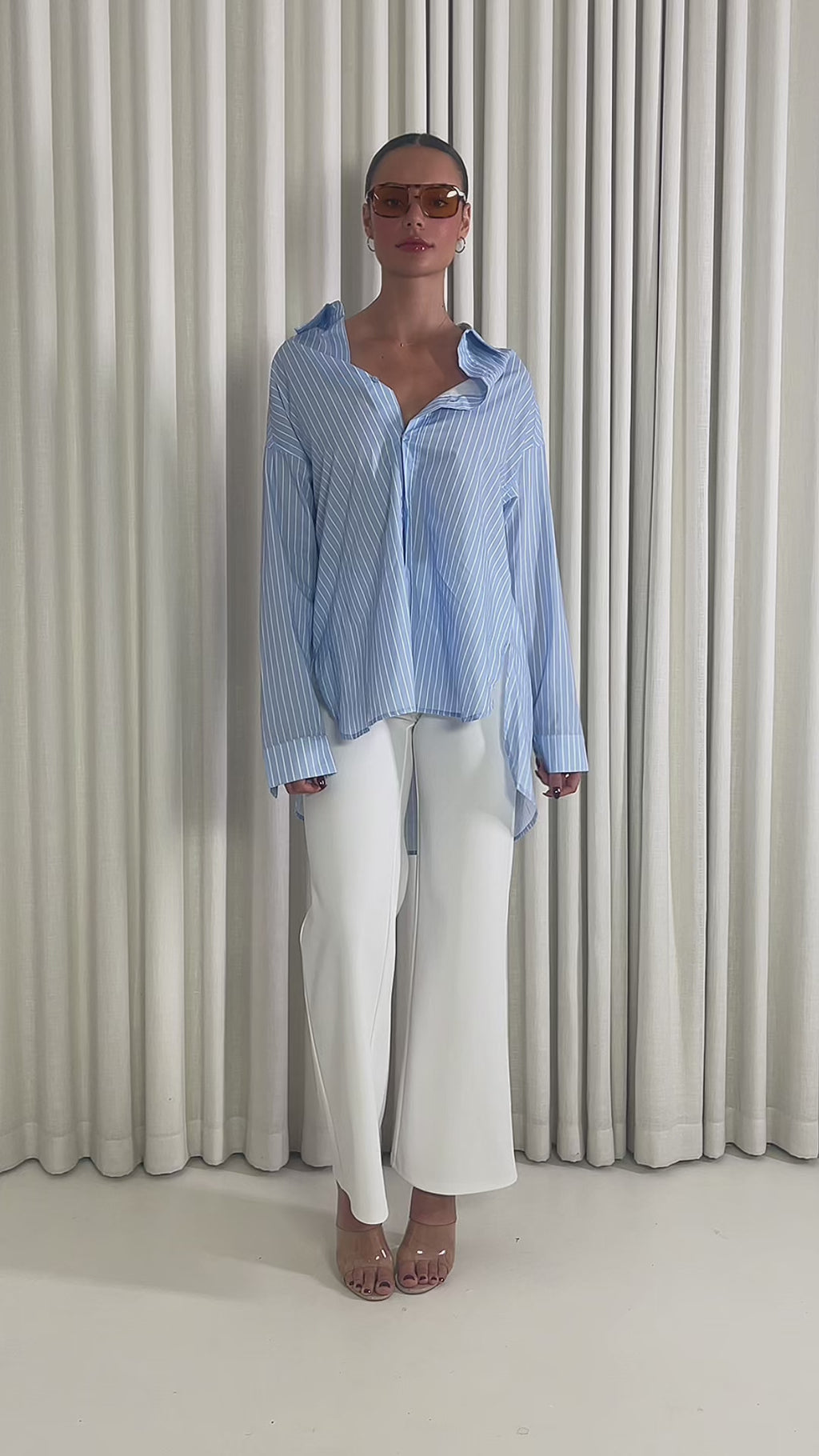 White high waist straight leg dress pants with waist panel & Blue cotton oversized collared button-up shirt with long sleeves
