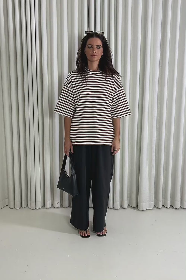 Model showing the Jacob Stripe T-Shirt from the front, side and back to demonstrate its fit and movement.