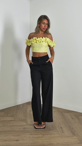 arthur-crop-frill-off-shoulder-crop-yellow & davis-pants-high-waist-wide-leg-pants-black