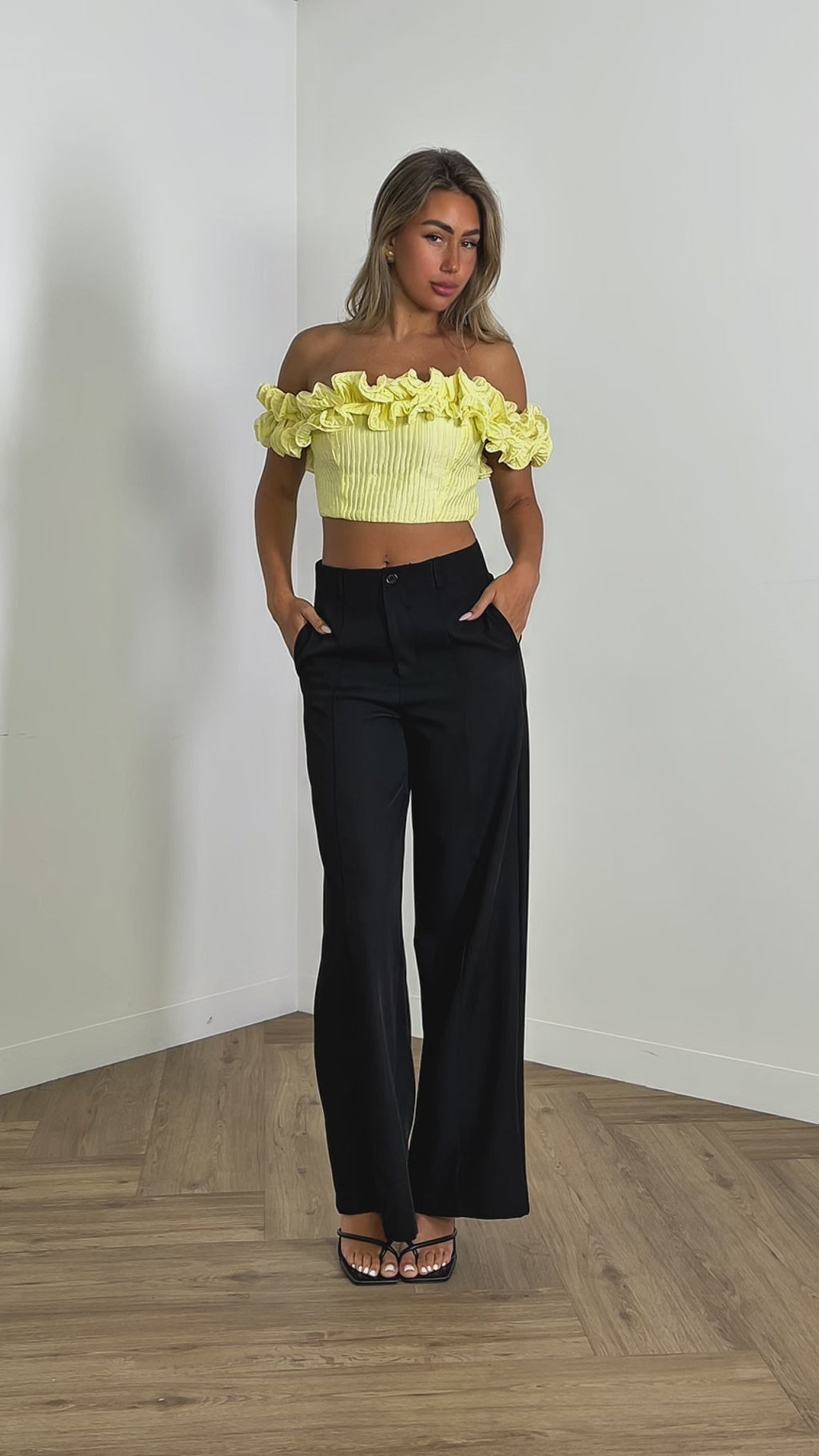 arthur-crop-frill-off-shoulder-crop-yellow & davis-pants-high-waist-wide-leg-pants-black