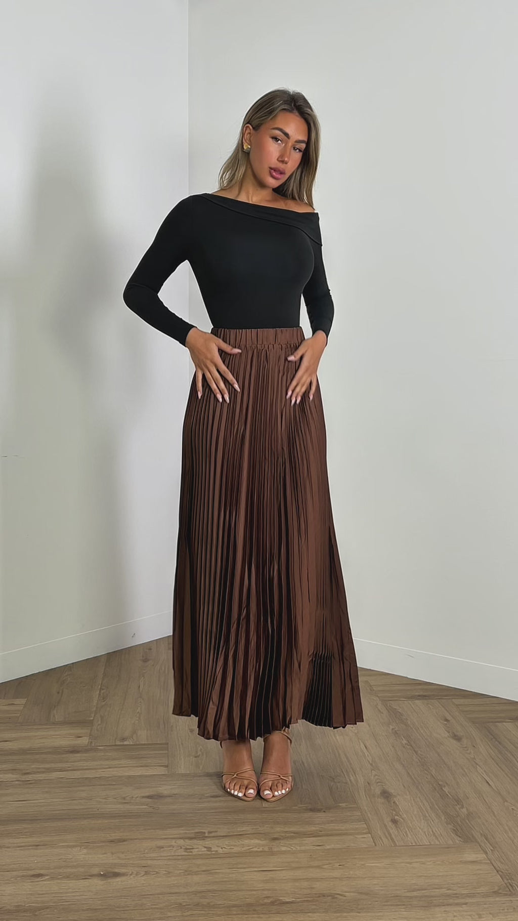 camille-skirt-high-waist-pleated-midi-skirt-brown & landon-bodysuit-fitted-off-one-shoulder-bodysuit-black