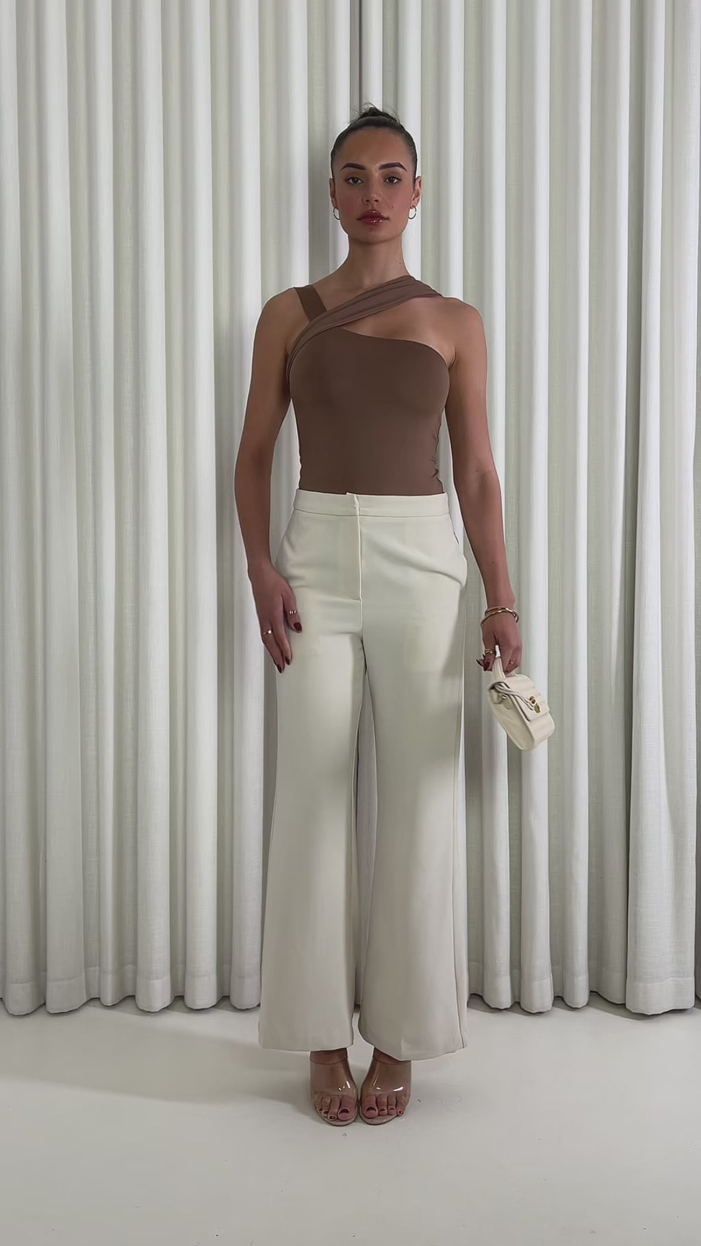 Brown one shoulder crossover fitted bodysuit with press-stud closure