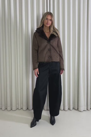 Model showing the Miranda Faux Fur reversible Jacket from the front, side and back to demonstrate its fit and movement.