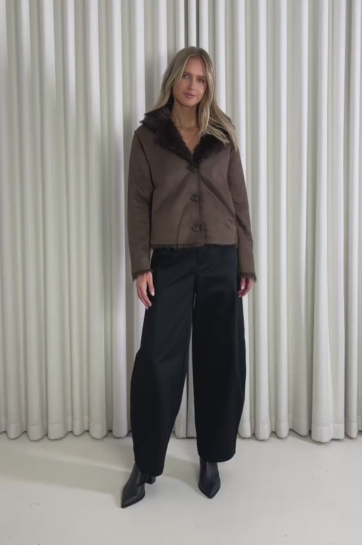 Model showing the Miranda Faux Fur reversible Jacket from the front, side and back to demonstrate its fit and movement.