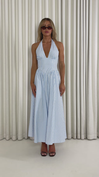 Blue and white stripe halter maxi dress with shirred back and mini lining