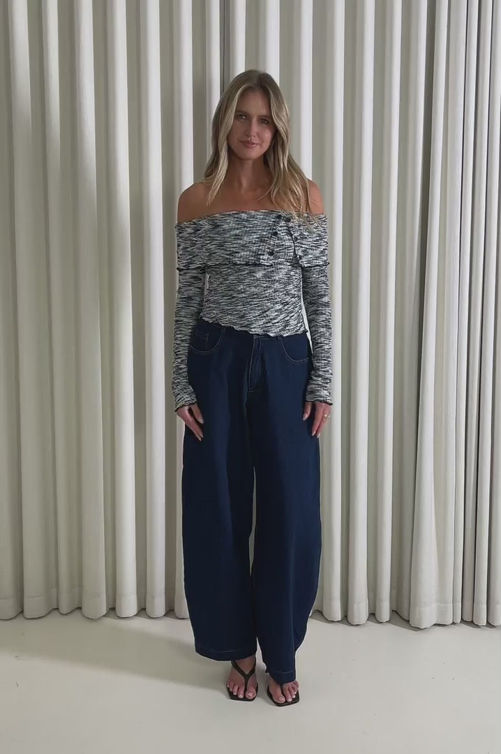 Model showing the Nick off shoulder top from the front, side and back to demonstrate its fit and movement.
