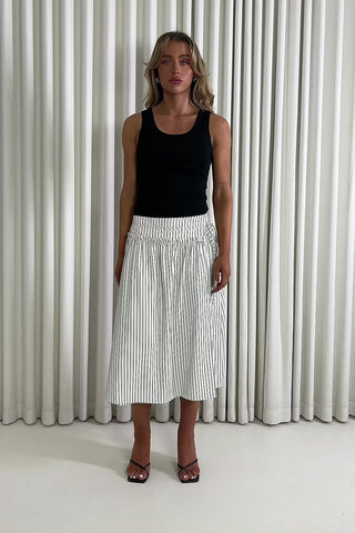 Stripe faux wrap midi skirt with self tie and side zip & Black ribbed longline round neck top with full stretch