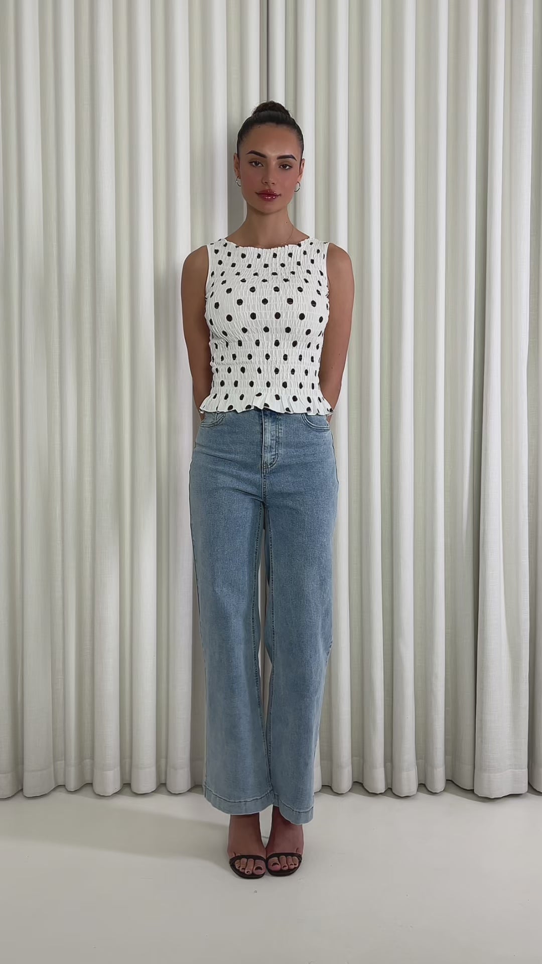 Alexandra Polka Dot Top - Shirring White Top With Brown Polka Dots