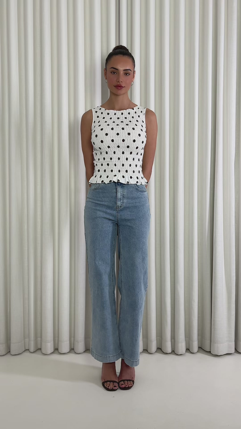 Brown and white polka dot fitted shirred sleeveless top