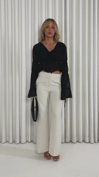 Black sheer relaxed top with flared tie sleeves and tie-front