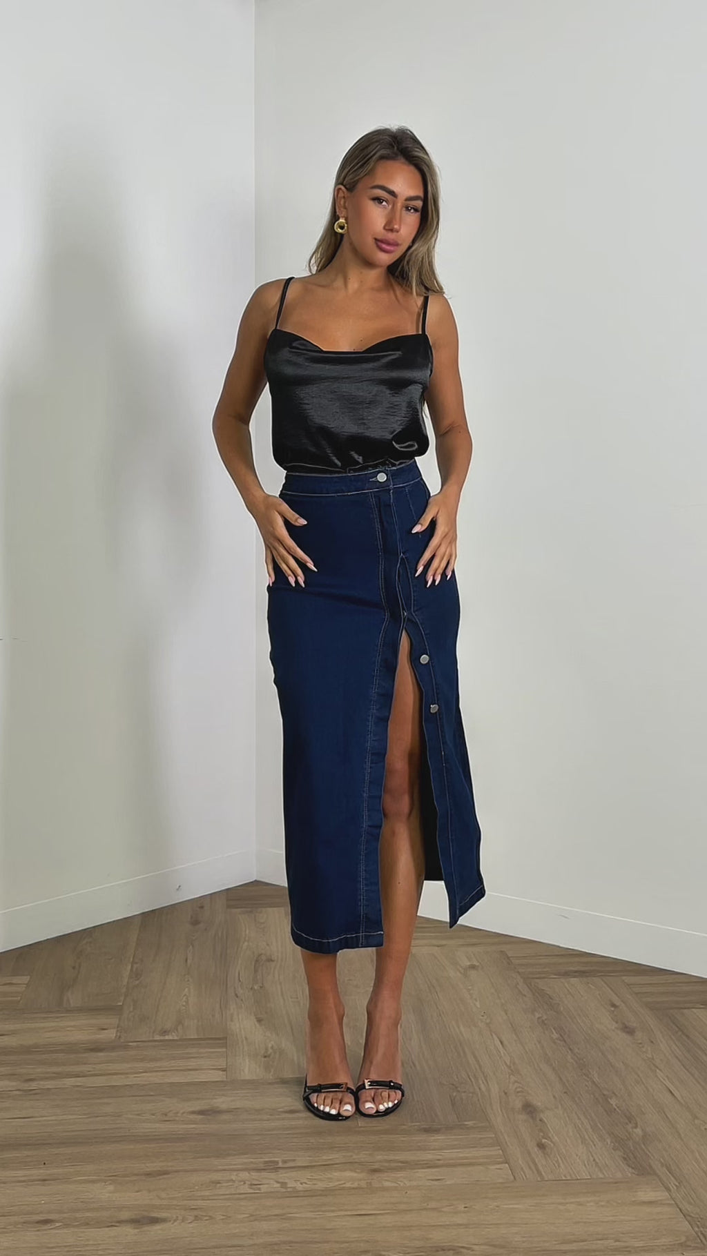 gabriel-skirt-cotton-blend-denim-midi-skirt-denim & essie-cami-bias-cut-cowl-neck-cami-black