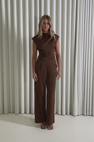 Model showing the Colin Satin Top and Pants Set from the front, side and back to demonstrate its fit and movement.