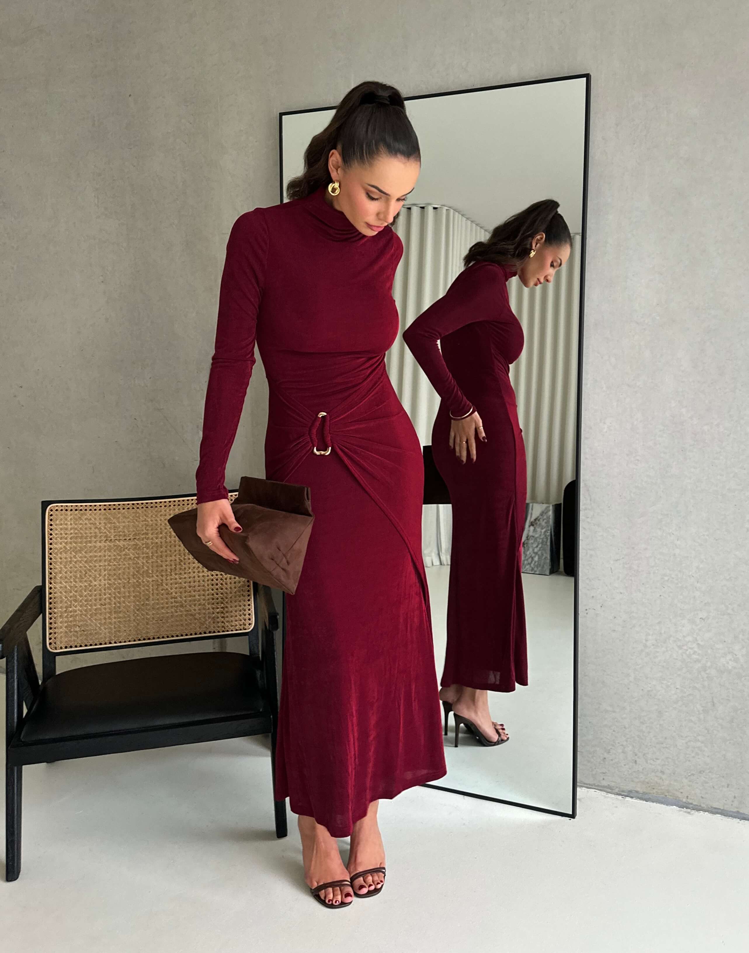 burgundy long bodycon dress ASOS DESIGN structured twist off the shoulder bodycon midi dress in burgundy