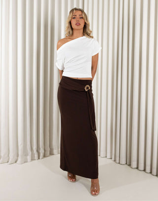 Prue brown maxi skirt with gold buckle and full stretch