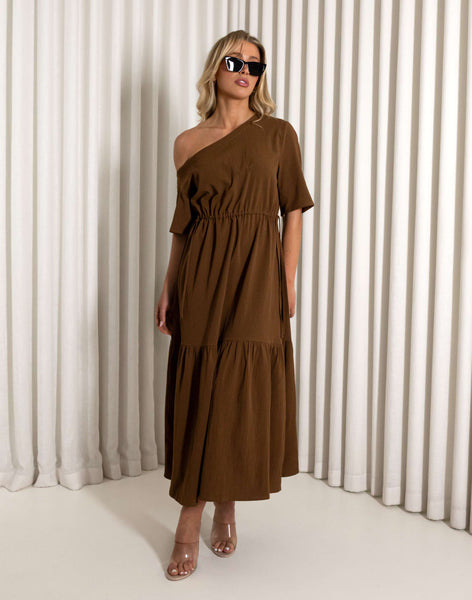 Rebecca Off Shoulder Midi Dress Brown | MVE Boutique