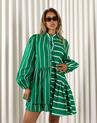 Green and white striped oversized mini dress with mandarin collar