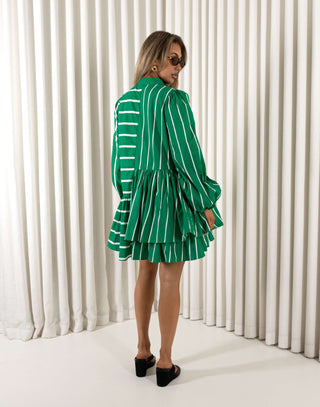 Green and white striped oversized mini dress with mandarin collar